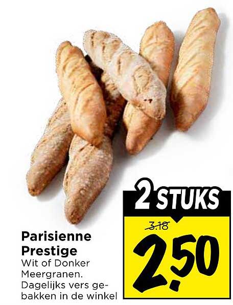 Parisienne Prestige Wit of Donker Meergranen. Dagelijks vers gebakken in de winkel 2 stuks