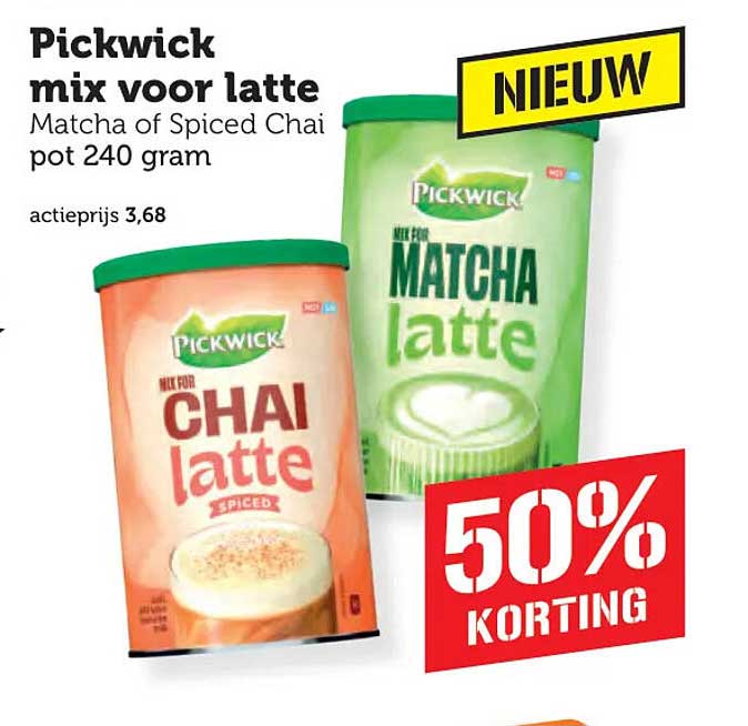 Pickwick mix voor latte Matcha of Spiced Chai pot 240 gram 50% KORTING