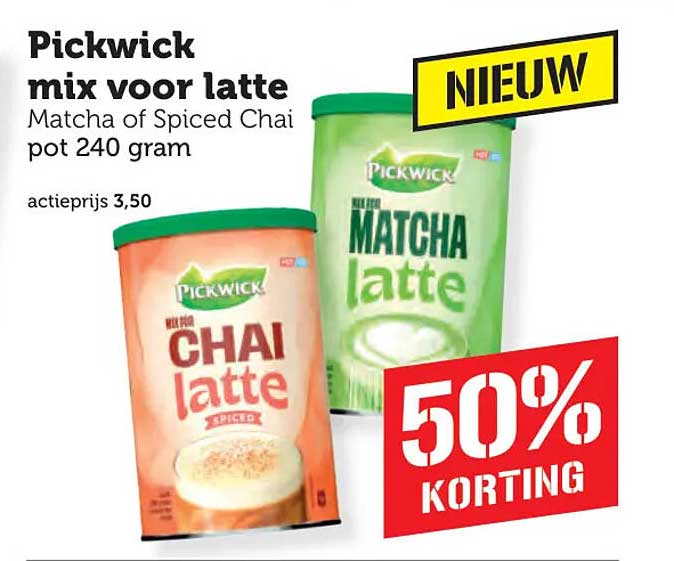 Pickwick mix voor latte Matcha of Spiced Chai pot 240 gram 50% korting