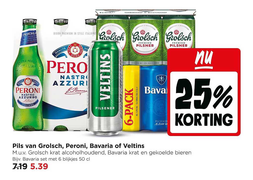 Pils van Grolsch, Peroni, Bavaria of Veltins 25% korting