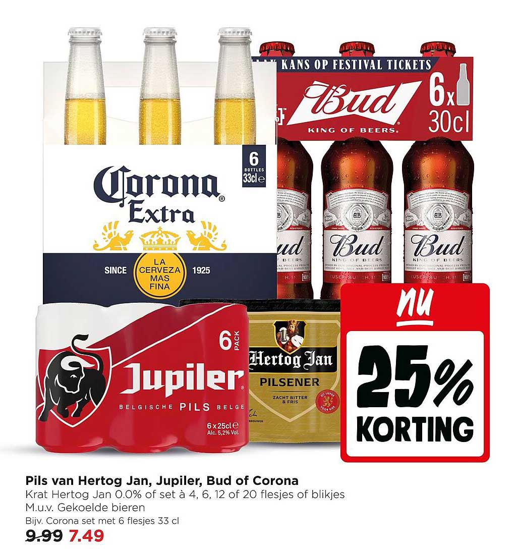 Pils van Hertog Jan, Jupiler, Bud of Corona 25% korting