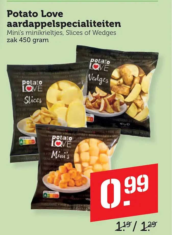 Potato Love aardappelspecialiteiten Mini’s minikrieltjes, Slices of Wedges zak 450 gram