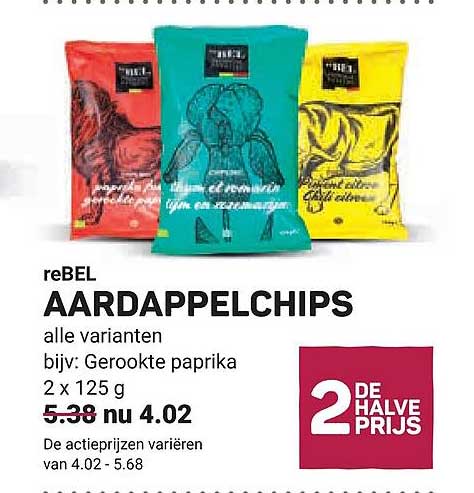 reBEL AARDAPPELCHIPS alle varianten, bijv: Gerookte paprika 2 x 125 g 2e halve prijs