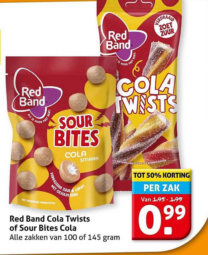 Red Band Cola Twists of Sour Bites Cola Alle zakken van 100 of 145 gram TOT 50% KORTING
