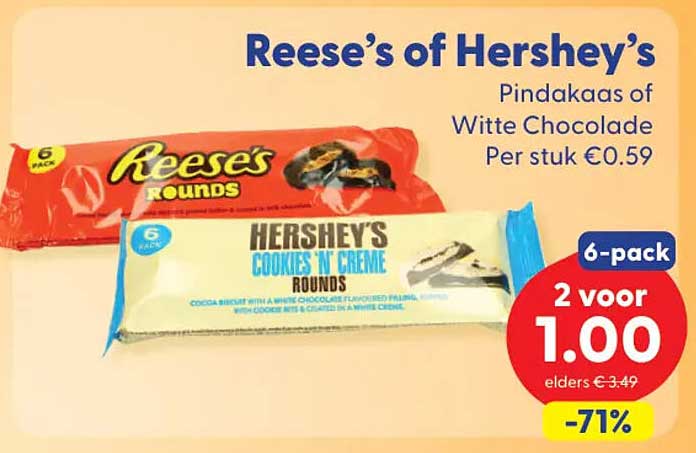 Reese’s of Hershey’s 6-pack 2 voor 1.00 -71%