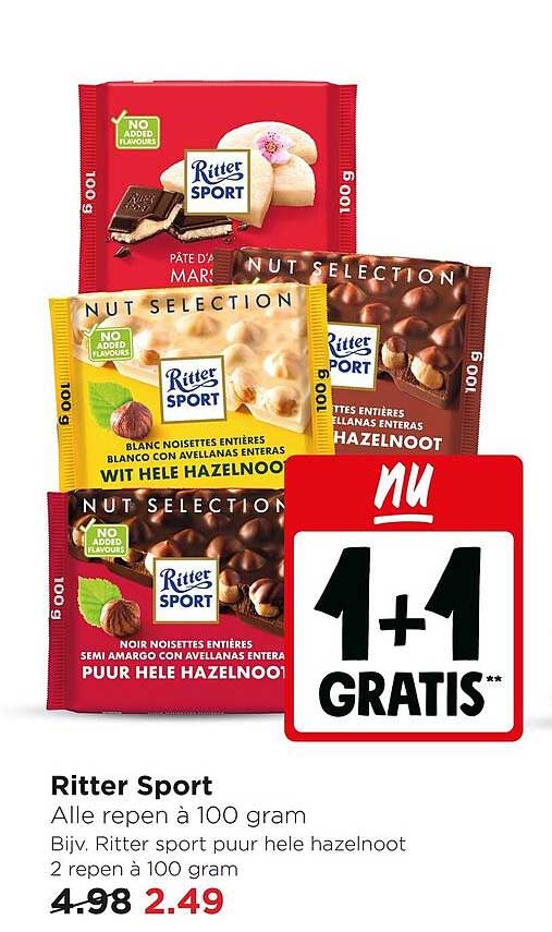 Ritter Sport Alle repen à 100 gram 1+1 GRATIS**