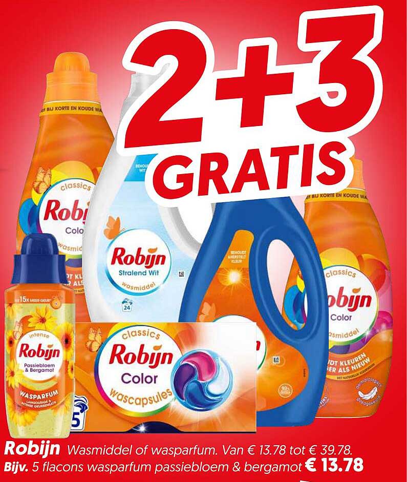 Robijn Wasmiddel of wasparfum. Van € 13.78 tot € 39.78. Bijv. 5 flacons wasparfum passiebloem & bergamot 2+3 GRATIS