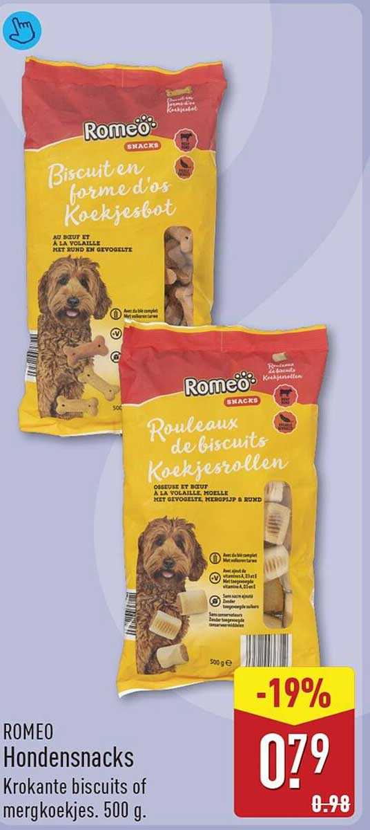 ROMEO Hondensnacks Krokante biscuits of mergkoekjes. 500 g. -19%