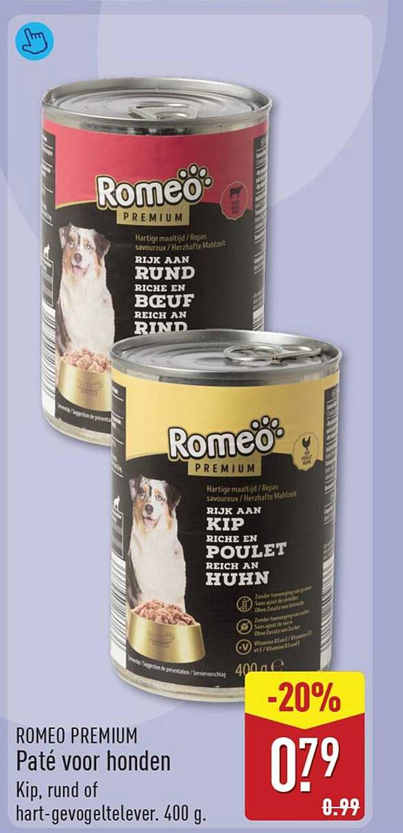 ROMEO PREMIUM Paté voor honden Kip, rund of hart-gevogeltelever. 400 g. -20%