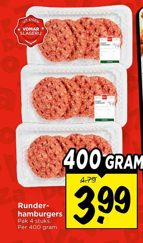 Runderhamburgers Pak 4 stuks. Per 400 gram