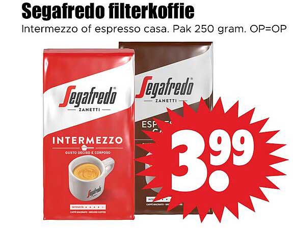 Segafredo filterkoffie Intermezzo of espresso casa. Pak 250 gram. OP=OP