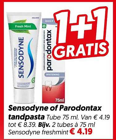 Sensodyne of Parodontax tandpasta Tube 75 ml 1+1 GRATIS