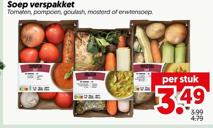 Soep verspakket Tomaten, pompoen, goulash, mosterd of erwtensoep.
