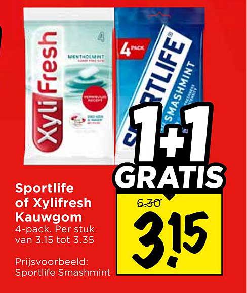 Sportlife of Xylifresh Kauwgom 4-pack. Per stuk van 3.15 tot 3.35 1+1 GRATIS