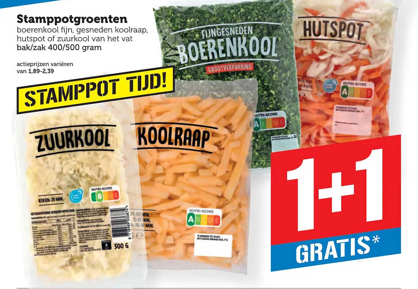 Stamppotgroenten boerenkool fijn, gesneden koolraap, hutspot of zuurkool van het vat bak/zak 400/500 gram 1+1 gratis