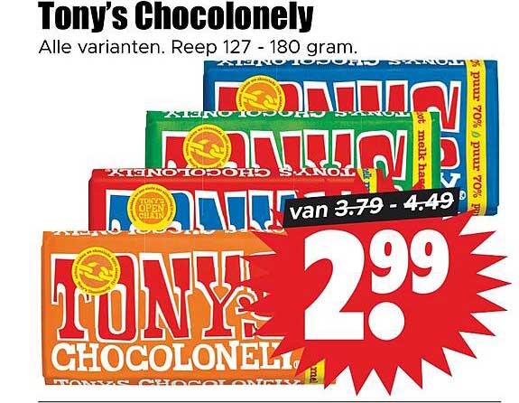 Tony’s Chocolonely Alle varianten. Reep 127 - 180 gram.
