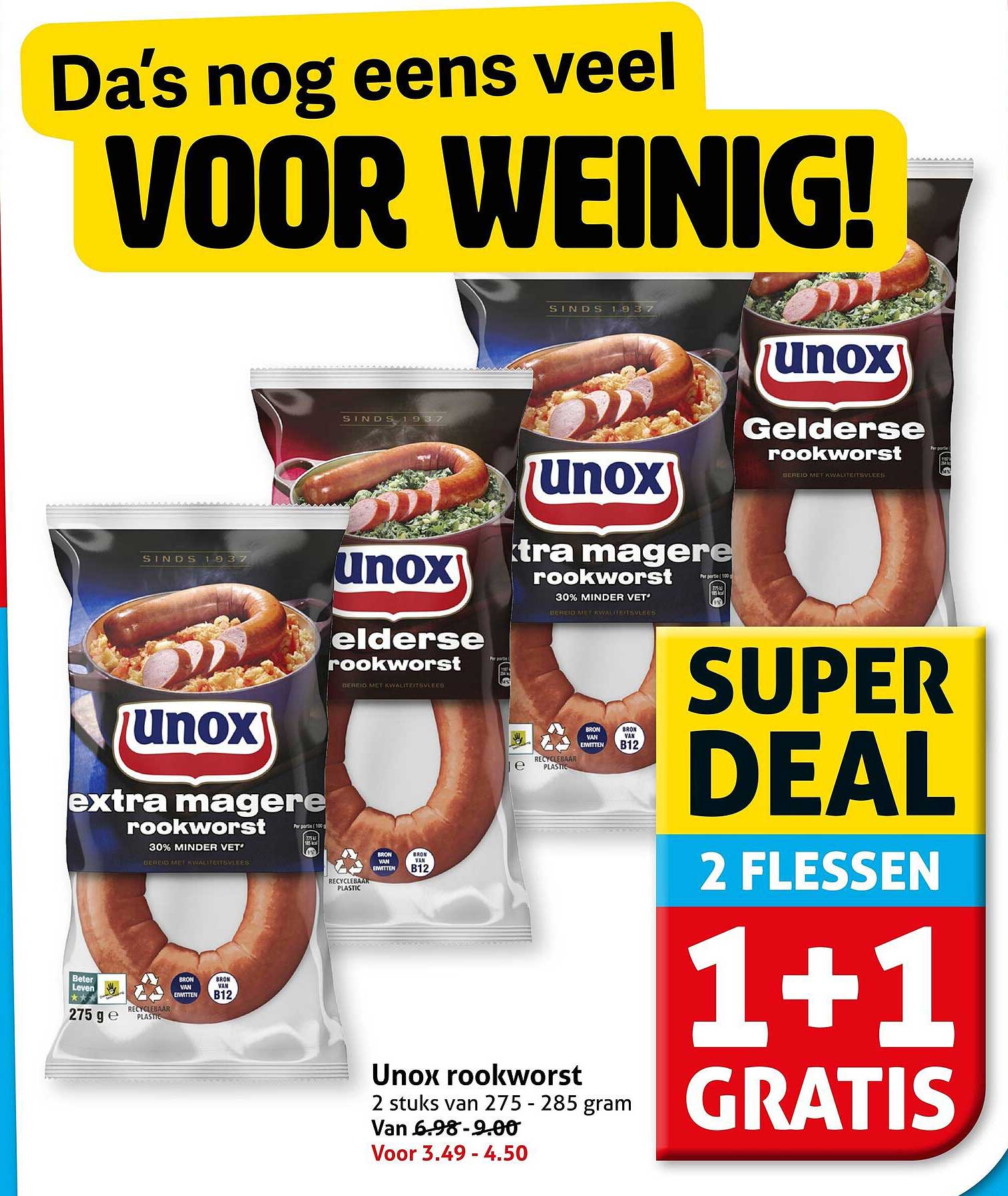 Unox rookworst 2 flessen 1+1 GRATIS