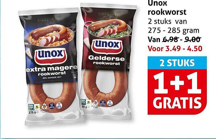Unox rookworst 2 stuks van 275 - 285 gram 1+1 gratis