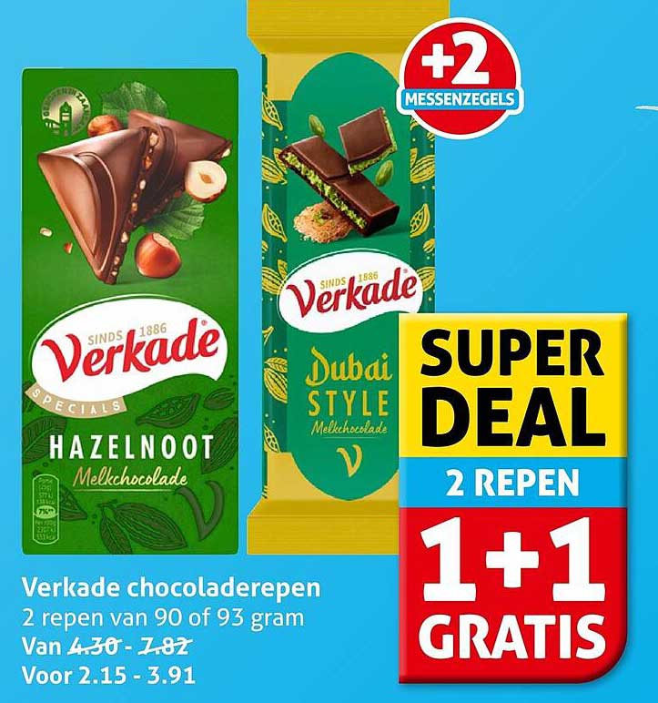Verkade chocoladerepen 2 repen 1+1 gratis