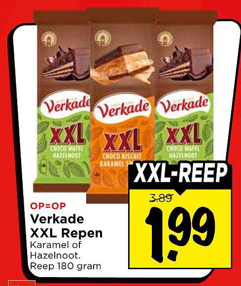 Verkade XXL Repen Karamel of Hazelnoot. Reep 180 gram XXL-REEP