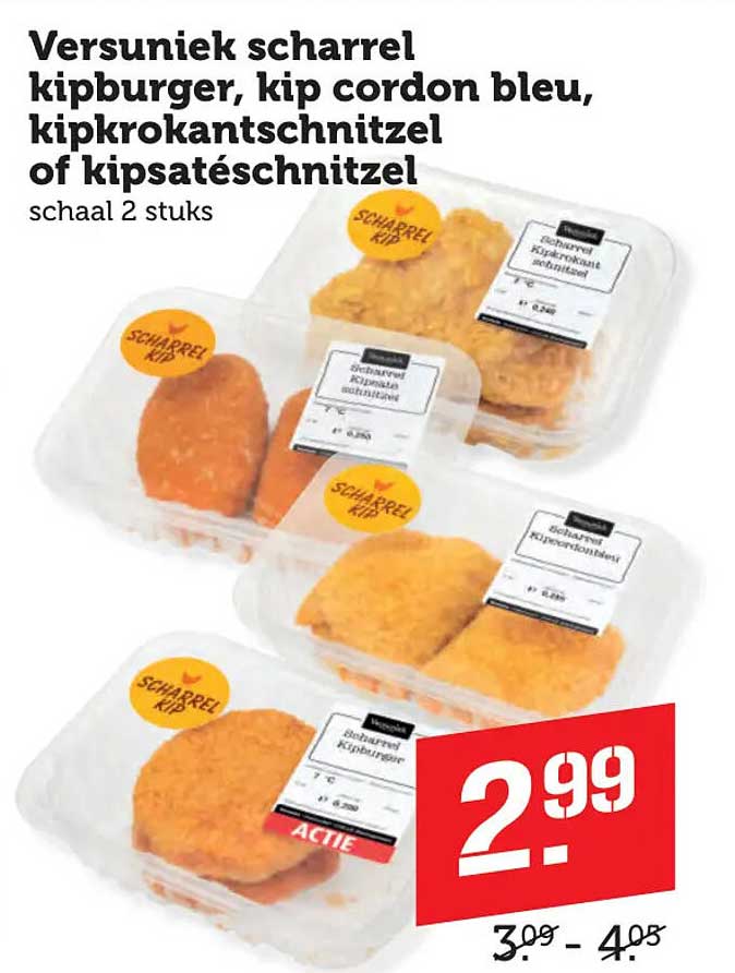 Versuniek scharrel kipburger, kip cordon bleu, kipkrokantschnitzel of kipsaté schnitzel schaalt 2 stuks