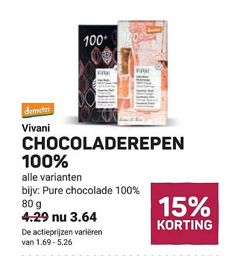 Vivani CHOCOLADEREPEN 100% alle varianten bijv: Pure chocolade 100% 80 g 15% KORTING