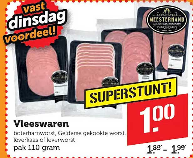 Vleeswaren boterhamworst, Gelderse gekookte worst, leverkaas of leverworst pak 110 gram SUPERSTUNT!