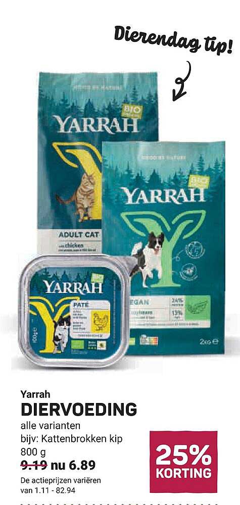 Yarrah DIERVOEDING alle varianten bijv: Kattenbrokken kip 800 g 25% KORTING