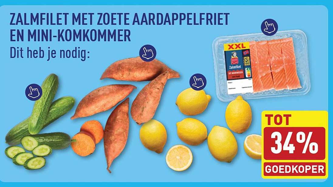 Zalmfilet met zoete aardappelfriet en mini-komkommer
