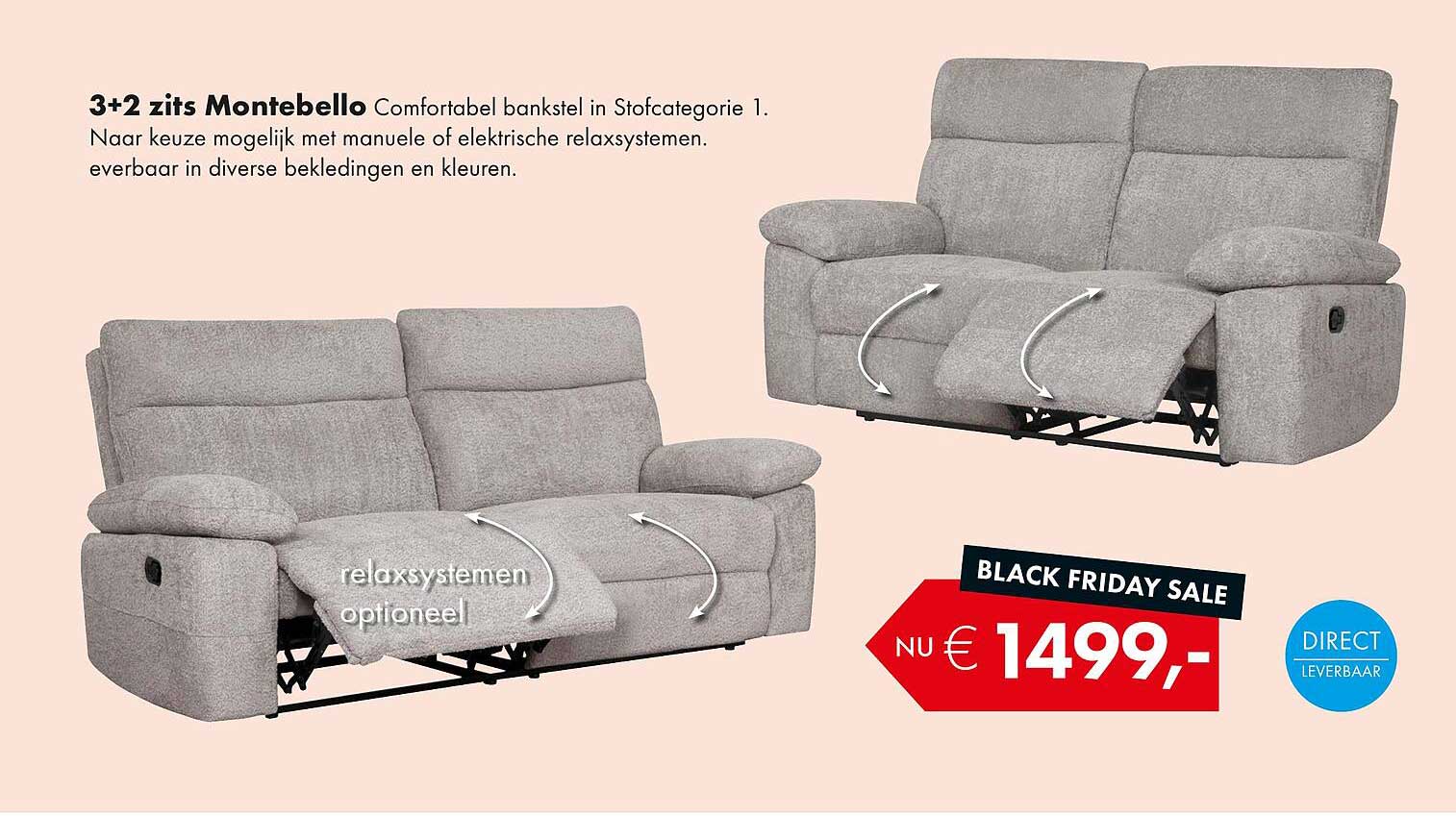 3+2 zits Montebello Comfortabel bankstel in Stofcategorie 1