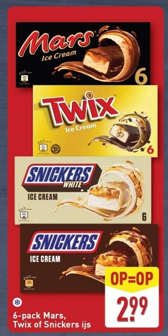 6-pack Mars, Twix of Snickers ijs