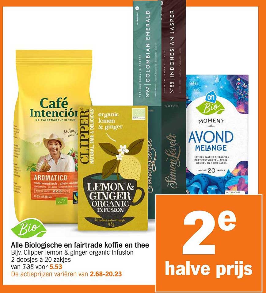 Alle Biologische en fairtrade koffie en thee Bijv. Clipper lemon & ginger organic infusion 2 doosjes à 20 zakjes van 7.38 voor 5.53