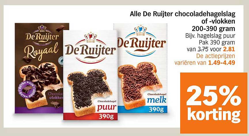 Alle De Ruijter chocoladehagelslag of -vlokken 200-390 gram
