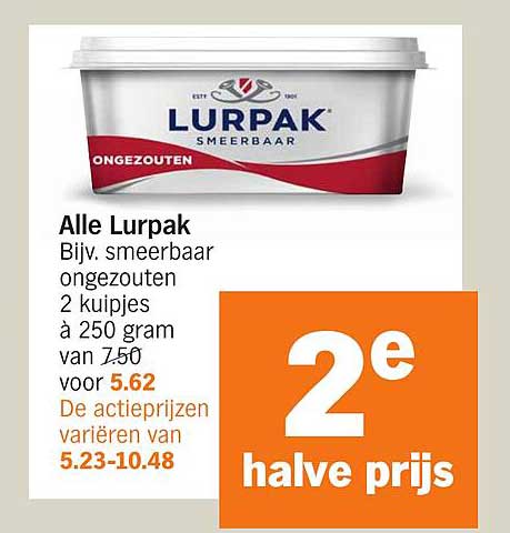Alle Lurpak Bijv. smeerbaar ongezouten 2 kuipjes à 250 gram van 7.50 voor 5.62
