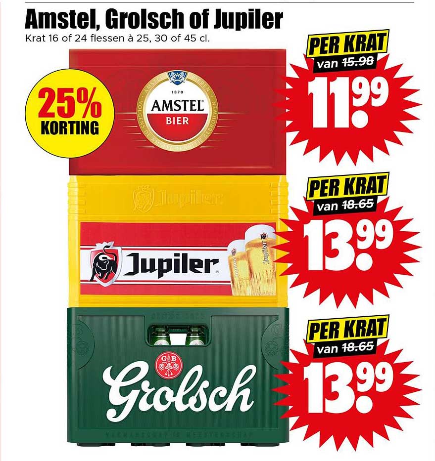 Amstel, Grolsch of Jupiter - Krat 16 of 24 flessen à 25, 30 of 45 cl.