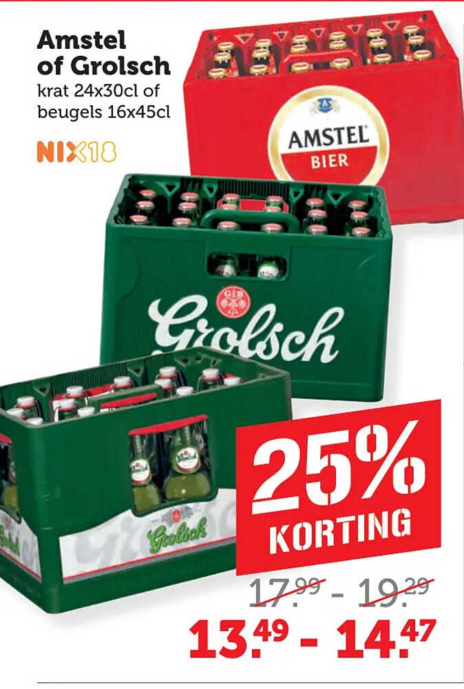 Amstel of Grolsch krat 24x30cl of beugels 16x45cl