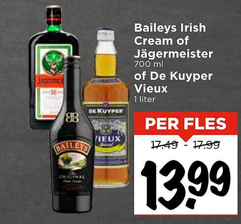 Baileys Irish Cream of Jägermeister 700 ml of De Kuyper Vieux 1 liter