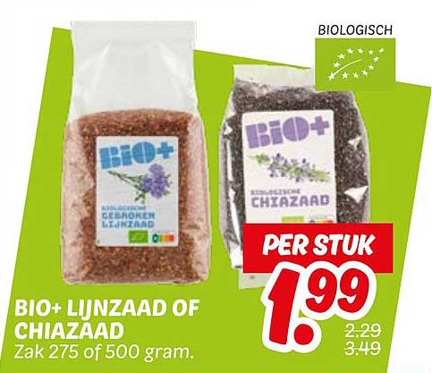 BIO+ Lijnzaad of Chiazaad Zak 275 of 500 gram.