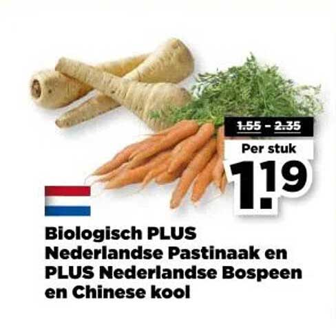 Biologisch PLUS Nederlandse Pastinaak en PLUS Nederlandse Bospeen en Chinese kool
