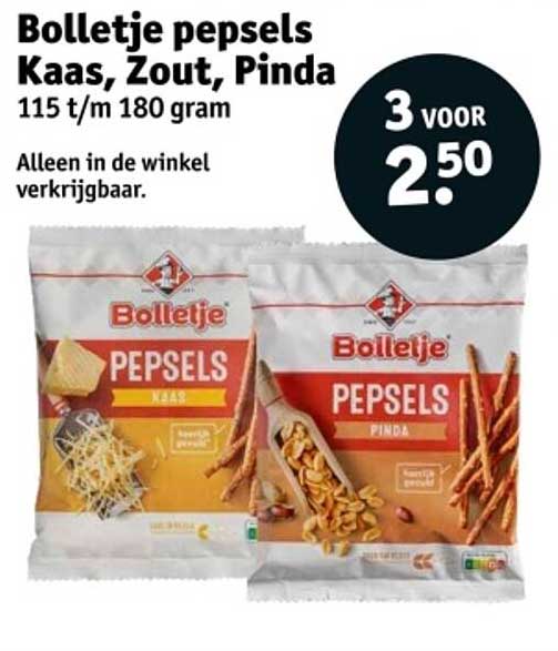 Bolletje pepsels Kaas, Zout, Pinda 115 t/m 180 gram