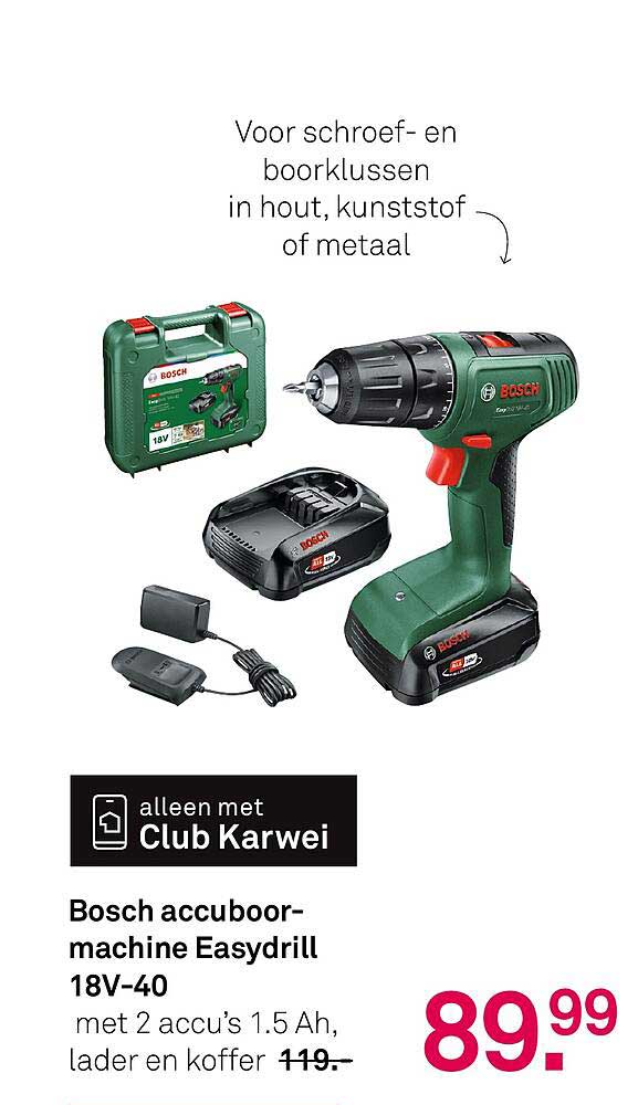 Bosch accuboormachine Easydrill 18V-40 met 2 accu’s 1.5 Ah, lader en koffer