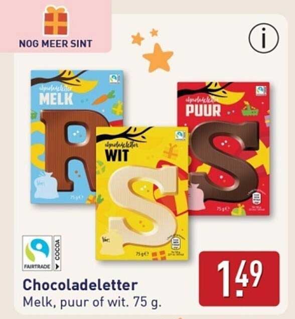 Chocoladeletter Melk, puur of wit. 75 g.