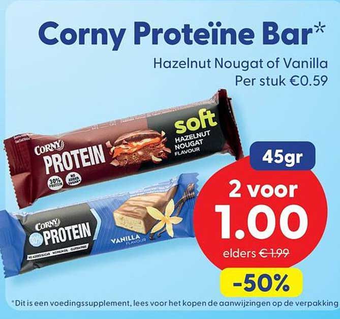 Corny Proteïne Bar* Hazelnut Nougat of Vanilla Per stuk €0.59