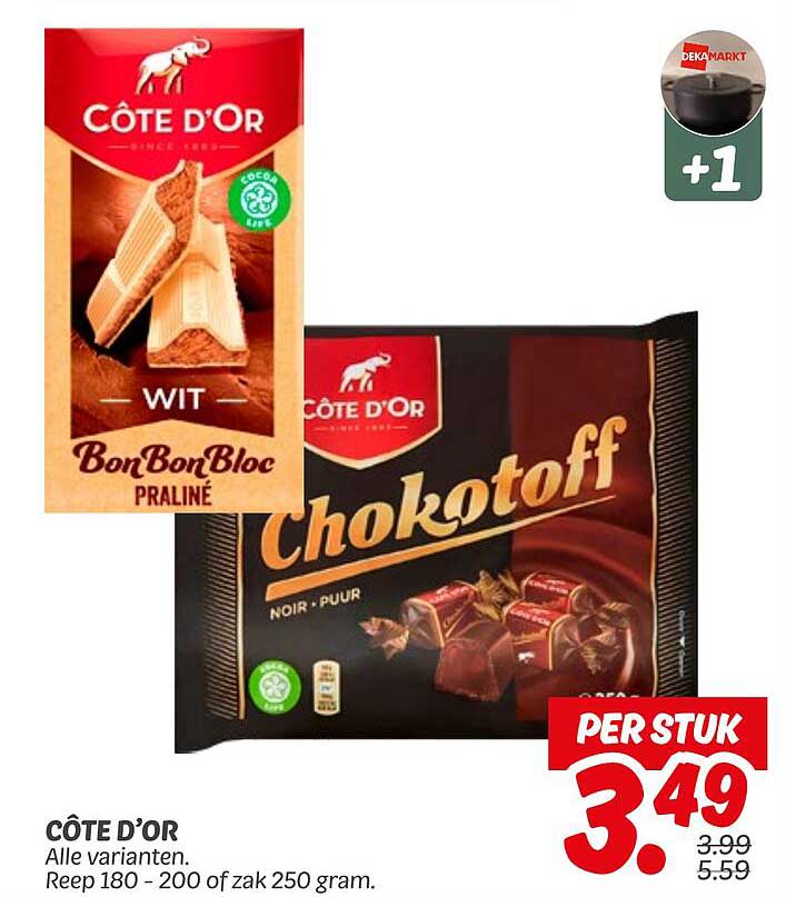 CÔTE D’OR Alle varianten. Reep 180 - 200 of zak 250 gram.