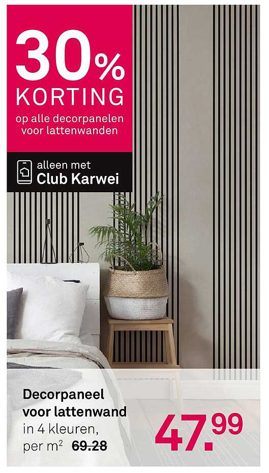 Decorpaneel voor lattenwand in 4 kleuren, per m²