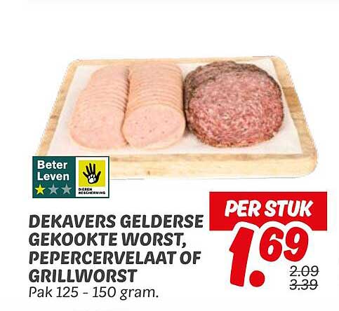 DEKAVERS GELDERSE GEKOOKTE WORST, PEpercervelaat OF GRILLWORST
