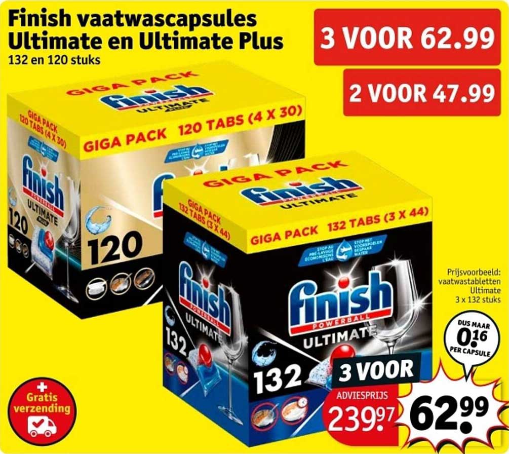 Finish vaatwascapsules Ultimate en Ultimate Plus 132 en 120 stuks