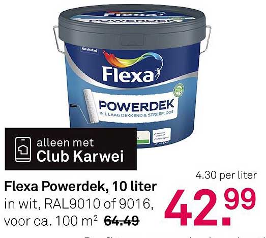 Flexa Powerdek, 10 liter in wit, RAL9010 of 9016, voor ca. 100 m²