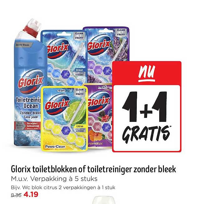 Glorix toiletblokken of toiletreiniger zonder bleek M.u.v. Verpakking à 5 stuks
