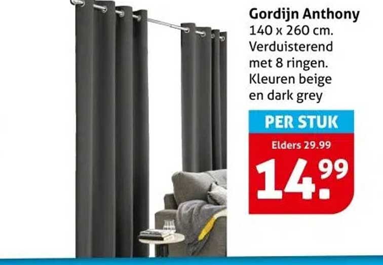 Gordijn Anthony 140 x 260 cm. Verduisterend met 8 ringen. Kleuren beige en dark grey
